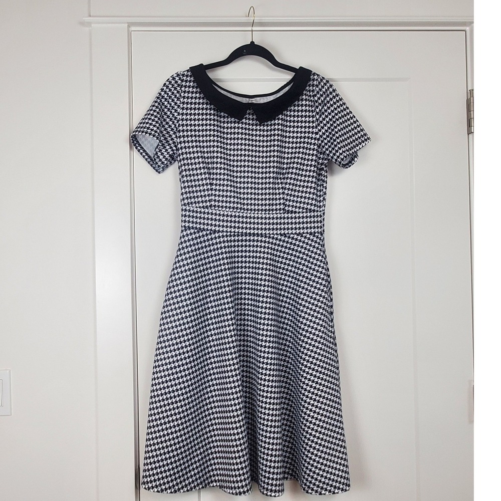Tokyo Fashion Houndstooth A-Line Dress Womens Large Black White Peter Pan Collar